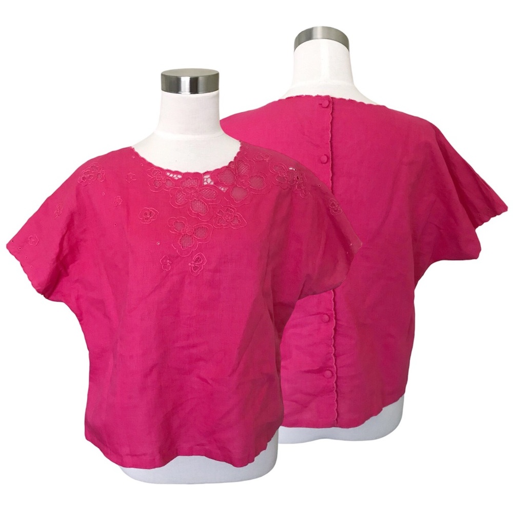 Vintage Linen Hand Embroidered Floral Short Sleeve Blouse Top Hot Pink S